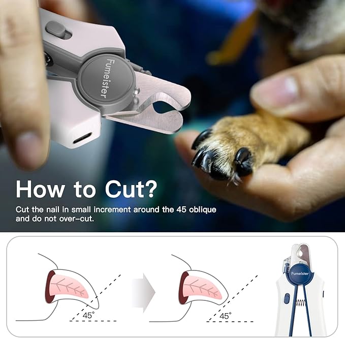 Type-C Rechargeable Dog & Cat Nail Clippers - LED Pet Nail Trimmer with Built-in Nail File, Extra Sharp Blades for Small & Medium Dogs, Indoor Cats (White-Gray)
