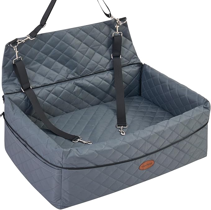 Dog Car Seat for Large/Medium Pet, Anti Slip Bottom Dogs Booster Seat for All Seasons,Pet Travel Bed with Thick Dog Sofa Cushion, Storage Pockets 2 Safety Leashes