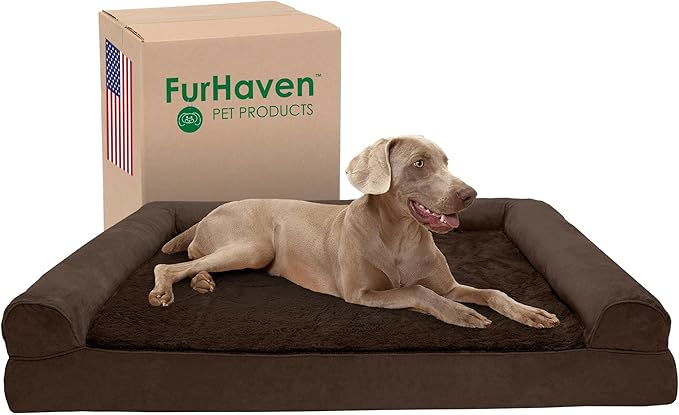 Furhaven Cooling Gel Dog Bed for Large Dogs w/ Removable Bolsters & Washable Cover, For Dogs Up to 125 lbs - Plush & Suede Sofa - Espresso, Jumbo Plus/XXL