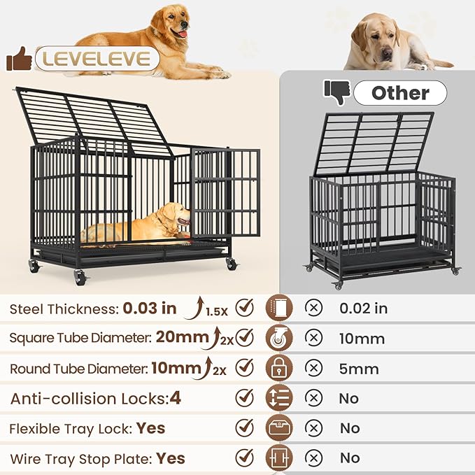 LEVELEVE 38 Inch Heavy Duty Indestructible Dog Crates for Large Dogs，Escape Proof Dog Cage Large Dogs with Lockable Wheels，Dog Kennel Furniture Indoor&Outside