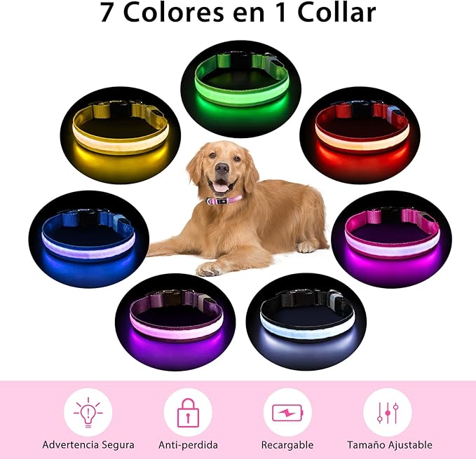 PcEoTllar Light up Dog Collar for Night Walking - LED Dog Collar Light Rechargeable Color Changing, Glow in The Dark Dog Collars Waterproof Glowing Dog Collars for Large Small Medium Dogs