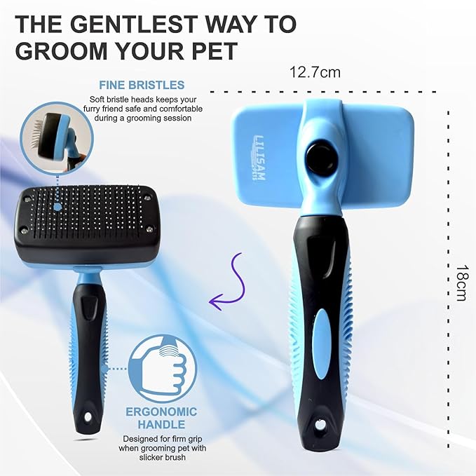 Pet Self Cleaning Slicker Brush and Grooming Comb - Gently Removes Loose Hair, Tangles, and Dirt - Skin Friendly Deshedding Grooming Tool for Hair Dogs & Cats - Pet Supplies Accessories (Blue)