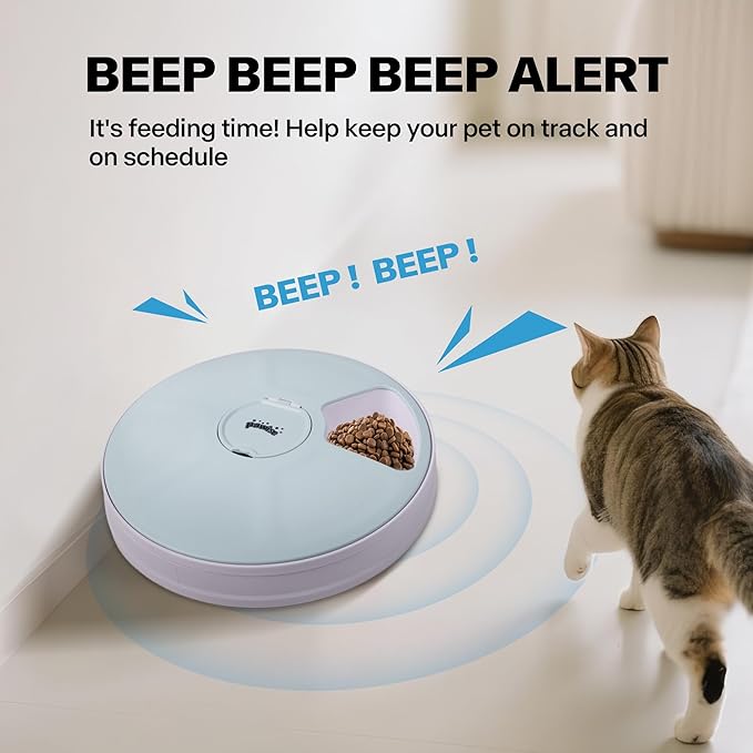 Pawise Automatic Cat Feeder, 6-Meal Programmable Pet Food Dispenser with Bird Chirp Sound Alert, Battery Operated, BPA-Free, Bonus Snack Ball Toy, for Cats & Small Dogs（Batteries Not Included