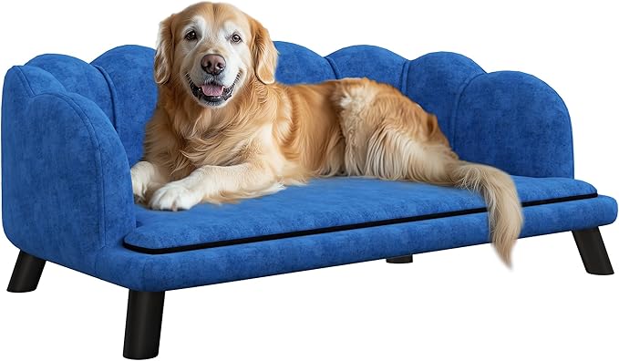 PawHut Velvet Large Dog Couch with Foam Cushion, Soft and Cute Bed with Pearl Design, Sofa for Big and Medium Dogs, Dark Blue