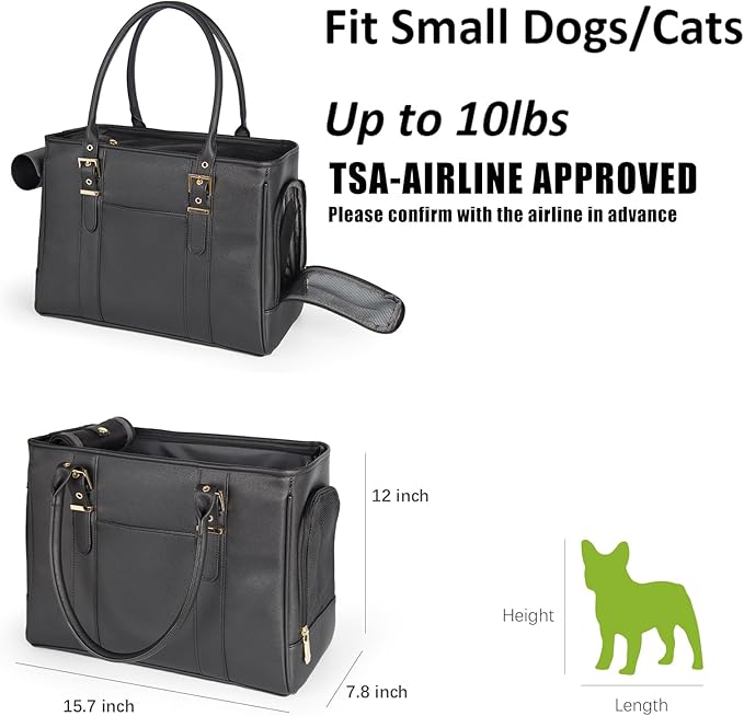 Fashion Pet Carrier Dog Purse Cat Bag Soft-Sided Carriers Travel Airline Approved, Stylish Leather Tote Handbag for Small Animal Puppy Kitten (Black)