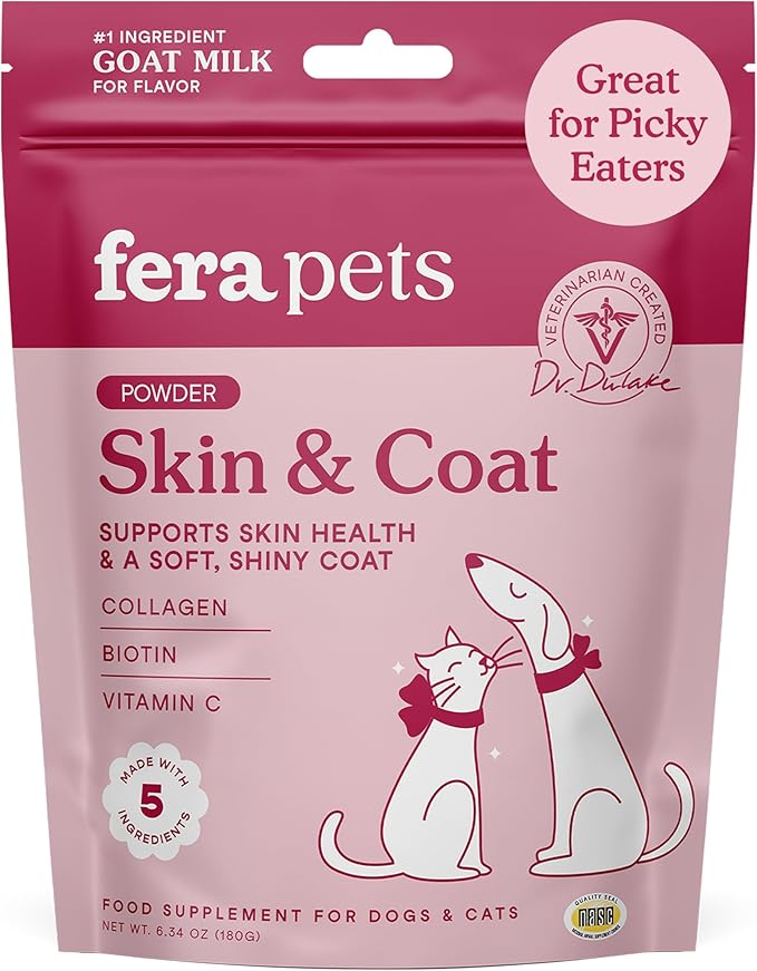 Fera Pets Goat Milk Topper - Cat & Dog Skin and Coat Supplement with Collagen, Biotin & Vitamin C - Helps Maintain Normal Skin Moisture - Promotes a Shiny Coat - for Picky Eaters - 60 TSP