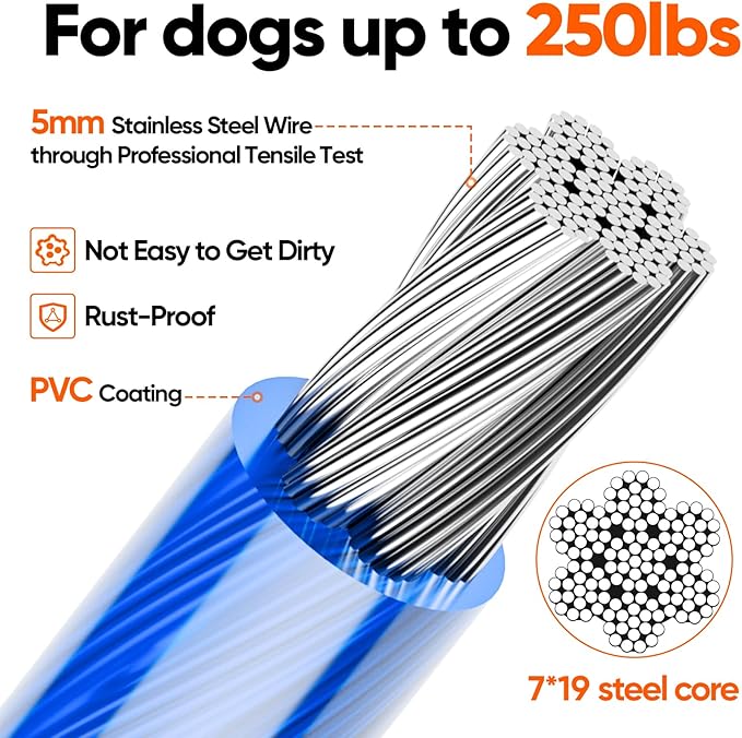 Tresbro 15FT Reflective Tie Out Cable for Dogs Up to 250 Pounds, Steel Wire Lead Leash Cable with Stainless Rotatable Clip, Lightweight and Enduring, Dog Lead Chains for Outside,Yard,Camping, Blue