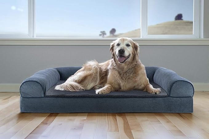 Furhaven Cooling Gel Dog Bed for Large Dogs w/ Removable Bolsters & Washable Cover, For Dogs Up to 95 lbs - Sherpa & Chenille Sofa - Orion Blue, Jumbo/XL