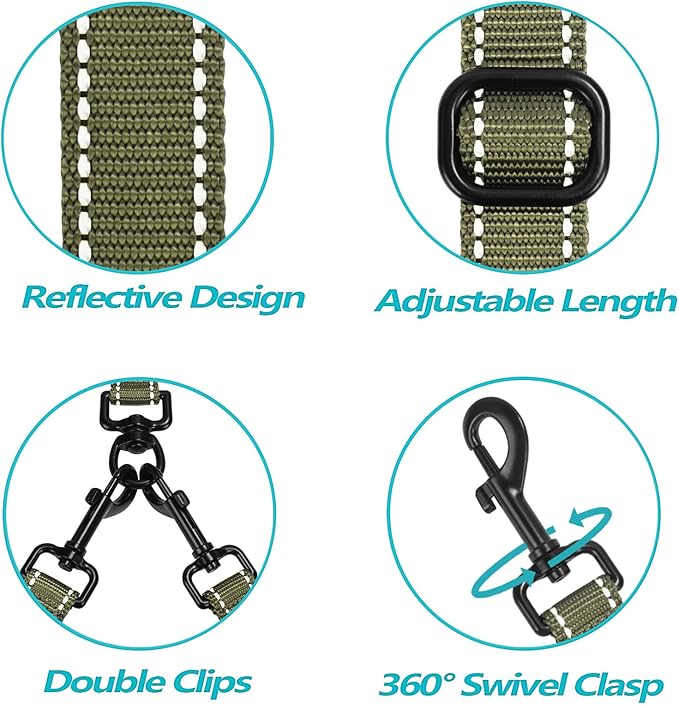 PetBonus Double Dog Leash, No Tangle Dual Leash, Reflective Walking Training Lead, 4 Comfortable Padded Handles for 2 Dogs with Collapsible Bowl and Waste Bags (Army Green, Large)