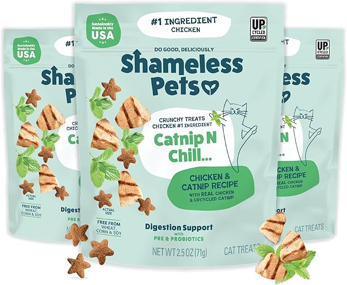 Shameless Pets Crunchy Cat Treats - Catnip Treats for Cats with Digestive Support, Natural Ingredients Kitten Treats with Real Chicken, Healthy Flavored Feline Snacks - Catnip N Chill, 3-Pk