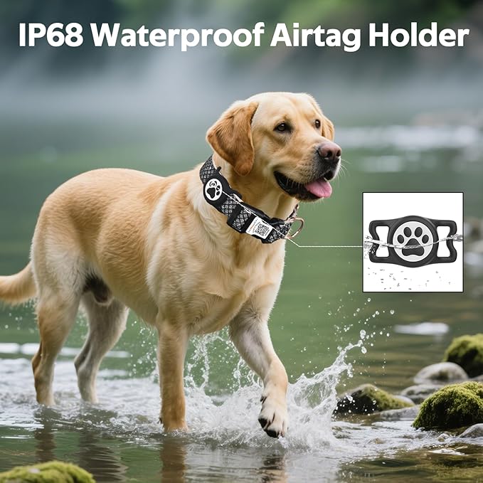 Dog Collar with Waterproof AirTag Holder & Anti-Lost QR Code, Cute Bling Warpping Adjustable Width for Small Medium Large Pet (Black, S)