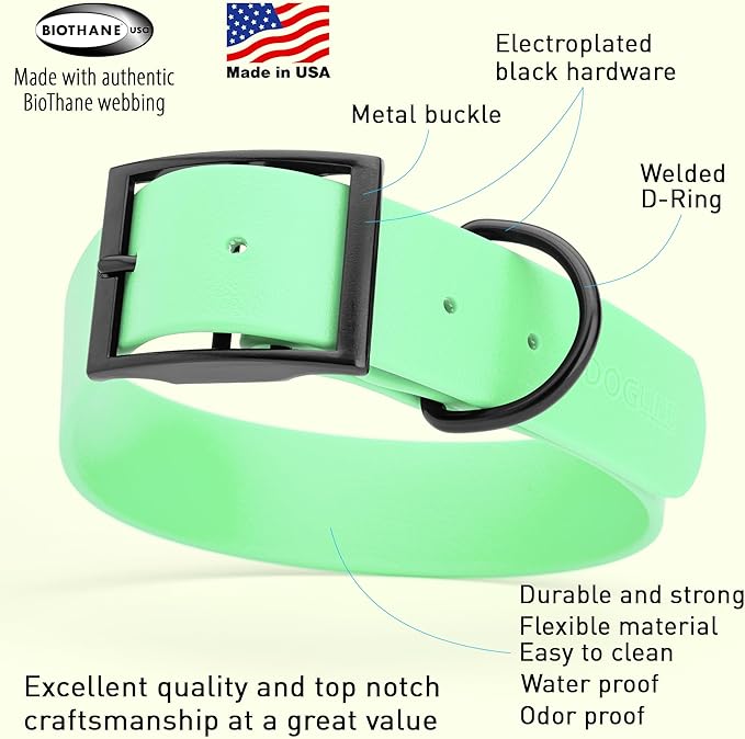 Dogline Biothane Waterproof Dog Collar Strong Coated Nylon Webbing with Black Hardware Odor- Proof for Easy Care Easy to Clean High Performance Fits Small Medium or Large Dogs, Sea Foam Green