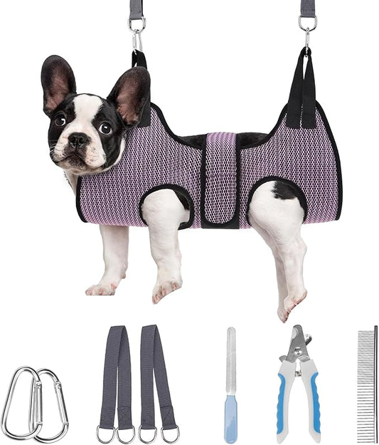 PAWCHIE Dog Grooming Hammock Harness for Dogs & Cats with Pet Nail Clipper Trimmer- Breathable Cat Hanger Sling for Trimming Clipping Nails-Dog Hammock Restraint Bag for Small Medium Large Dog, Pink S