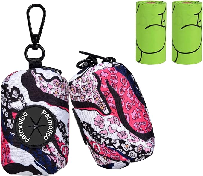 Petmolico Dog Poop Bag Holder Leash Attachment, Dog Waste Bag Dispenser Zippered Pouch, Fits Any Leash, Includes Free Roll of Poop Bags Dispenser - 2 Pack, Colorful Leopard