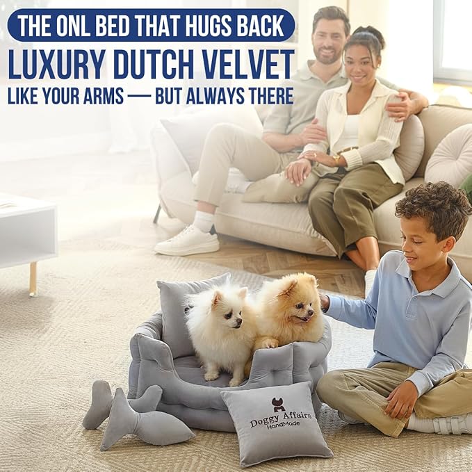Luxury Dog Bed Chesterfield – Handcrafted Velvet Throne for Dogs | Joint Support, Calming & Temp-Regulating Comfort | Durable 5+ Years, Anti-Claw, Washable 100+ Times – XS, Gray