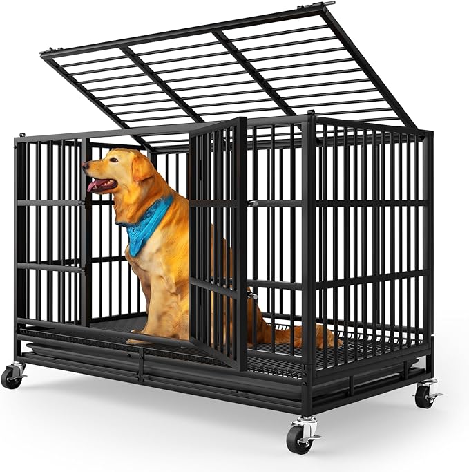LEVELEVE 54 Inch Heavy Duty Indestructible Dog Crates for Large Dogs，Escape Proof Dog Cage Large Dogs with Lockable Wheels，Dog Kennel Furniture Indoor&Outside