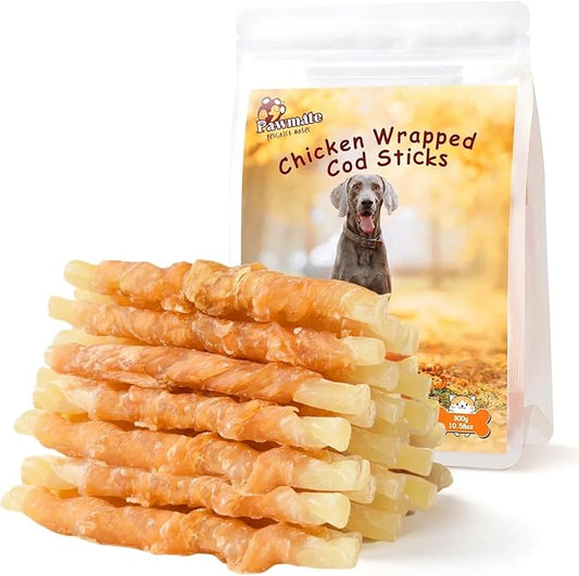 Dog Treats Chicken Wrapped Cod Sticks, Natural Chicken Cod Jerky Treats Rich in Omega-3, High Protein Chewy Training Treats Dog Snacks for Small Medium Large Dogs, 15-17 Counts, 10.6 oz