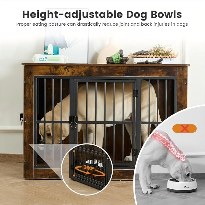 Gardner Pet Dog Crate Furniture for Medium Dogs, 38.8 Inch Dog Kennel Indoor, Wooden Dog Cage End Table with 2 Removable Bowls, Heavy Duty Dog Crate, Rustic Brown