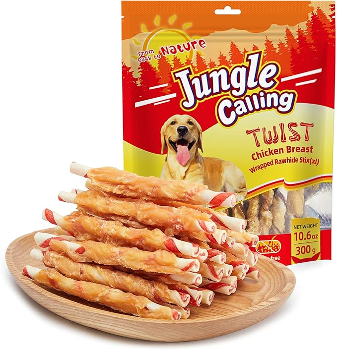 Jungle Calling Dog Treats, Natural Chicken Wrapped Rawhide Sticks, Grain-Free Training Rewards Chews for Small and Medium Puppy,10.6oz