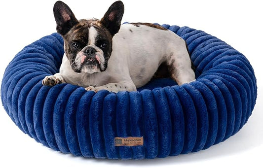MEWOOFUN Donut Dog Beds for Small Dog, Calming Bed Round Cute Puppy Bed with Non-Slip Bottom, Fluffy Washable Pet Bed for Puppy and Kitten (Navy Blue, M (30x30x8))