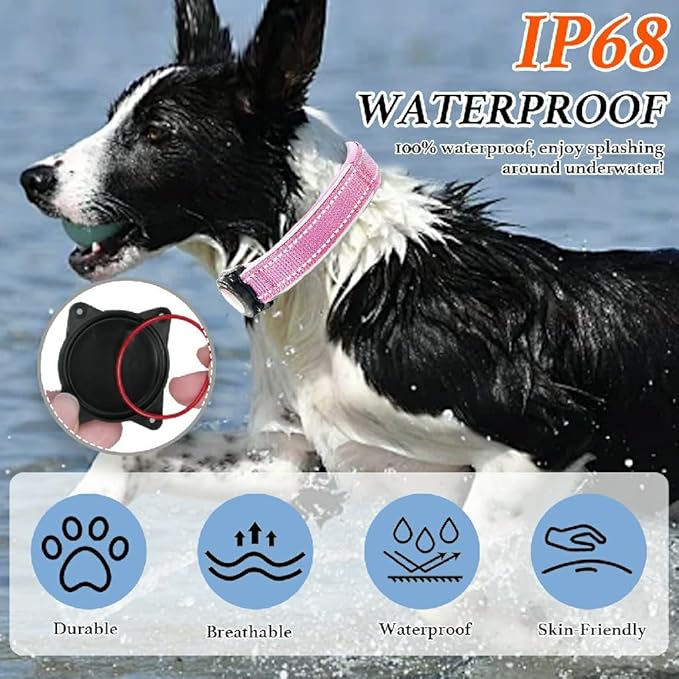 Upgraded AirTag Dog Collar, IP68 Waterproof Dog Collar with Apple Air Tag Holder, Reflective Adjustable Heavy Duty Dog Collars with Soft Padded for Small, Medium and Large Dogs,Pink, S