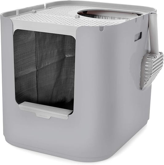 Modkat® XL Litter Box, Top or Front-Entry Configurable, Full Height Seamless Base, Reusable Litter Liners, Sifting Litter Scoop, 2X Bamboo Charcoal Filters - Gray
