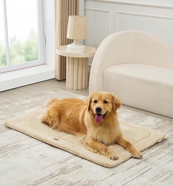 MADE 4 PETS Dog Crate Pad Bed for Large Dogs, Washable & Reversible, Anti-Slip Kennel Mat for Cozy Sleeping, Soft Fluffy Dog Bed for Indoor & Outdoor Use, 44"x32", Beige