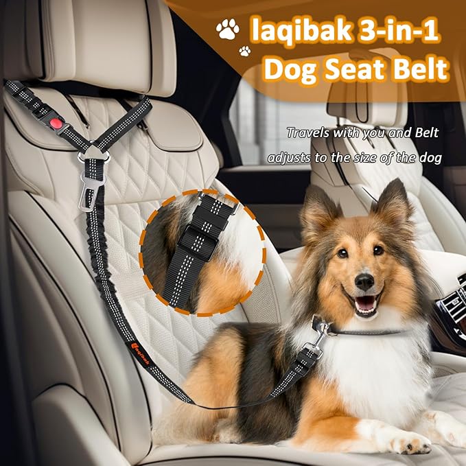 Removable Dog Seat Belt Harness for Car, 3 in 1 Pet Dog Car Seatbelt Leash, Retractable Restraint Secures to Vehicle Headrest & Adjustable Reflective Bungee Dog Seatbelt Tether, Black