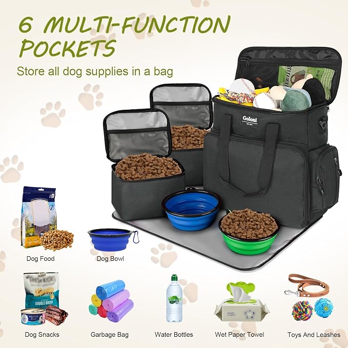 Dog Travel Bag Airline Approved–Pet Travel Tote with Collapsible Bowls,Food Containers & Feeding Mat–Multi-Pocket Organizer for Dogs & Cats, Durable & Water-Resistant for Hiking,Trips,Outdoors