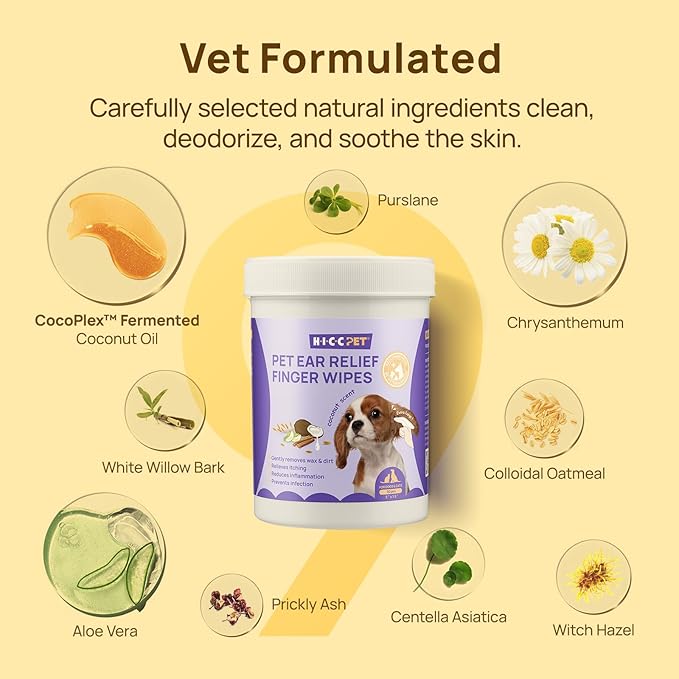 HICC PET Dog Ear Wipes Finger 100 Count Dog Ear Cleaner Wipes for Dogs & Cats, Dog Ear Infection Treatment to Relieve Ear Itching & Inflammation, Remove Ear Wax, Dirt, Smelly - Fresh Coconut Scent