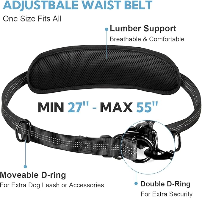 Hands Free Dog Leash with Pouch, Double Leash for Two Dogs, Retractable Bungee with Double Padded Handles, Dog Waist Leash for Dog Walking,Dog Walking Accessories,Black Grey