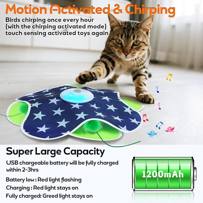 Interactive Cat Toys Auto Moving Feather Concealed in Mat,Motion Activated Cat Toys with Mouse Squeaky, Cat Exercise Toys for Bored Cats