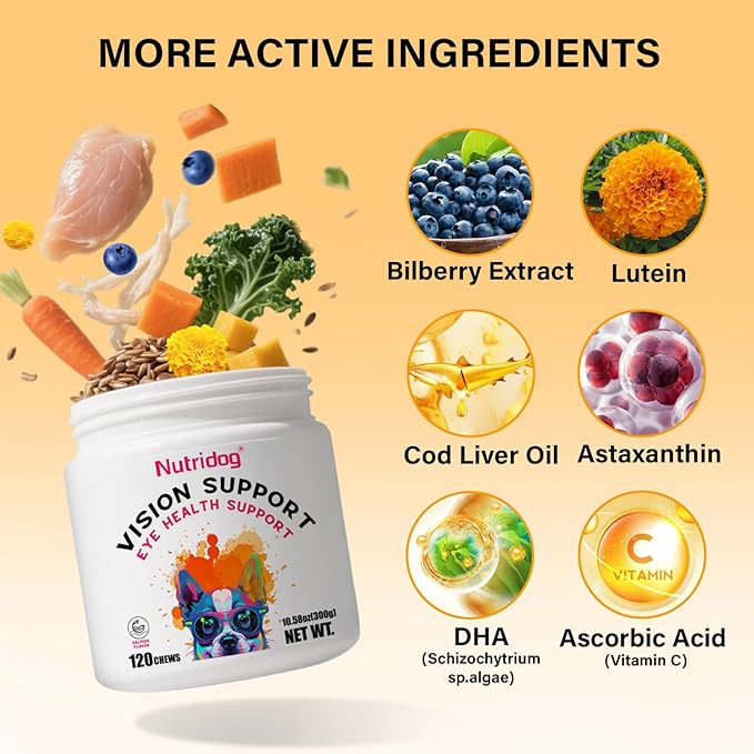 Eye Supplements for Dogs - Vision Support Soft Chews with Lutein, DHA & Vitamin C | 120ct Salmon Flavor Tear Stain Chews | Cataract & Dry Eye Relief Supplement (120 Ct, Salmon)