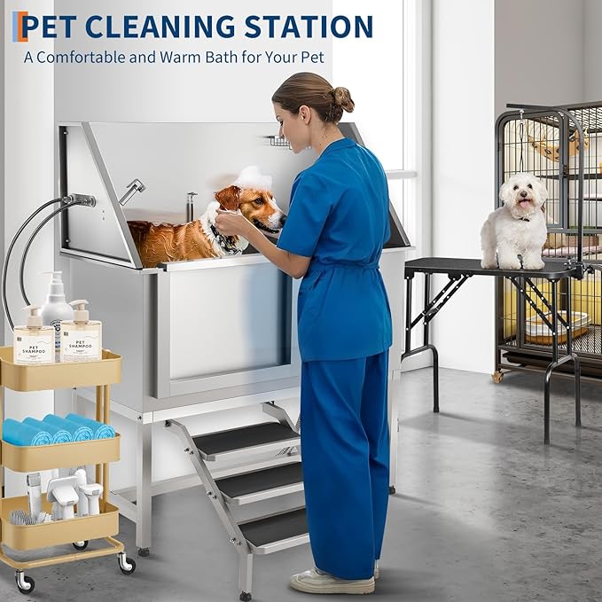 Stainless Steel Dog Washing Station - Dog Bath Tub for Large, Medium, Small Dogs, Pet Grooming Tub with Ramp, Non-Slip Grate, Shower, Soap Box, Faucet, Drain for Home & Outdoor （Left RAMP, 50"）