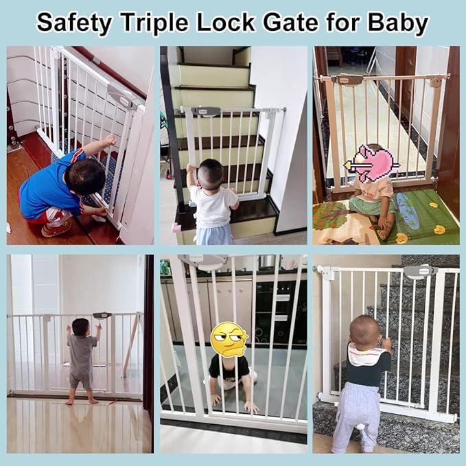 WAOWAO Triple Lock 68.11-75.98" Baby Gate Extra Wide Pressure Mounted Walk Through Swing Auto Close Safety Black Metal Dog Pet Puppy for Stairs,Doorways,Kitchen