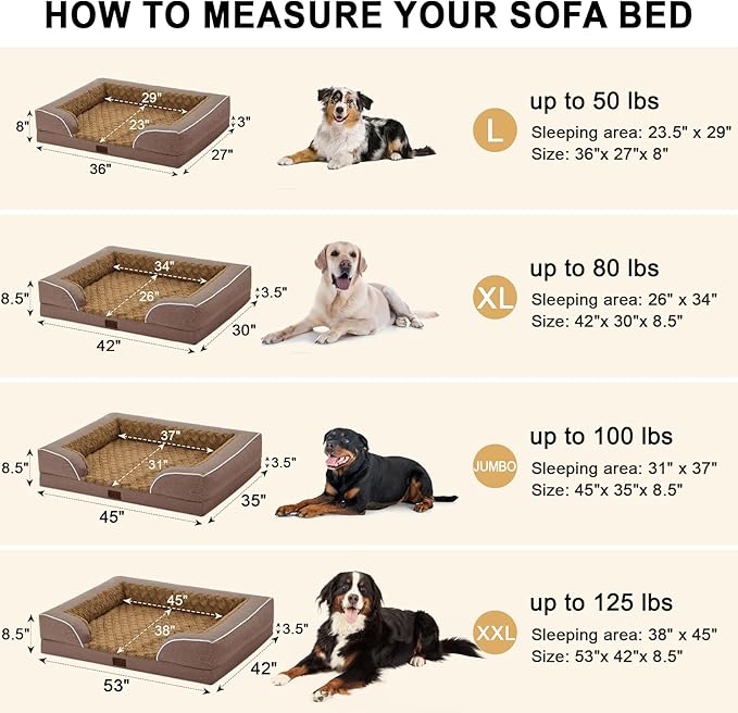 Orthopedic XXL Dog Bed for Extra Large Dogs, Waterproof Memory Foam Dogs Beds with Sides, Egg-Crate Foam and Non-Slip Bottom Big Dog Couch Bed with Washable Removable Cover(XX-Large,Brown)