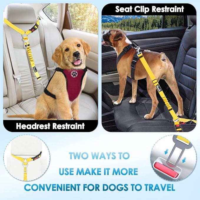 SlowTon Dog Seat Belt for Car, 2 Pack Dog Car Harness Seatbelt Adjustable with Elastic Bungee Buffer, 2 in 1 Pet Car Leash Headrest Restraint Dog Reflective Safety Tether (Yellow, Headrest+Clip)