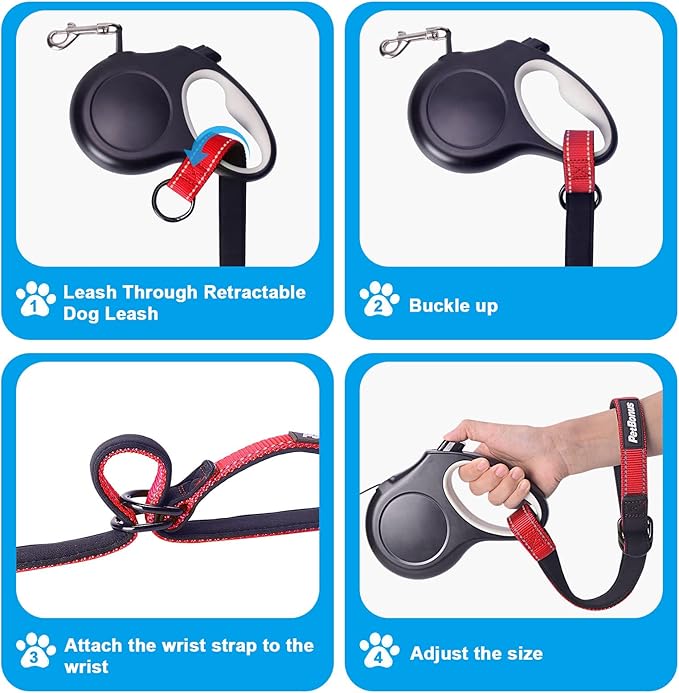 PetBonus Short Dog Leash, Safety Wrist Strap for Retractable Dog Leash, Reflective Design and Adjustable Soft Padded Handle, Extra Layer Security for Pet Stroller (Red) 1 Pack