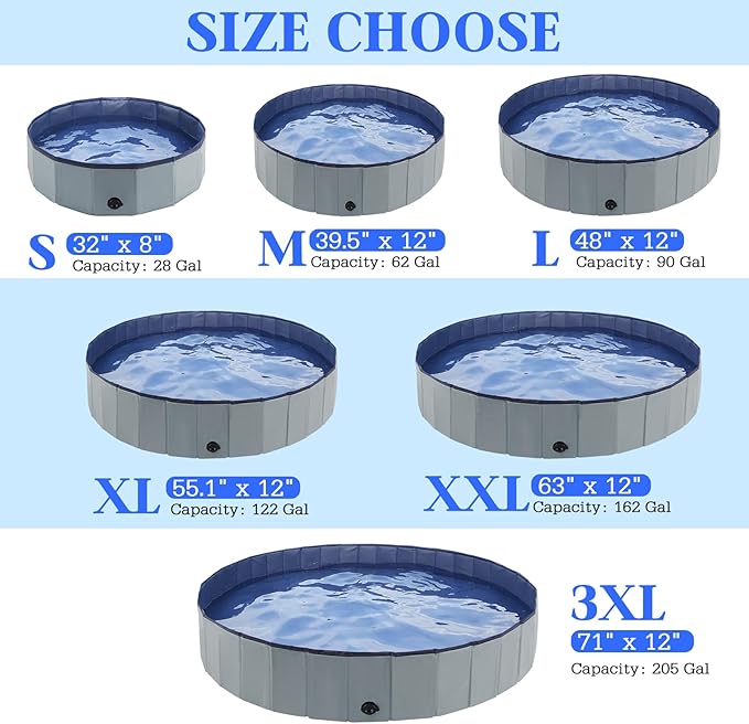 Foldable Dog Bath Swimming Pool Plastic Kiddie Pool Professional Tub Collapsible Grooming Bathtub for Pets Kids Baby and Toddler, 48 x 12 Inches Gray