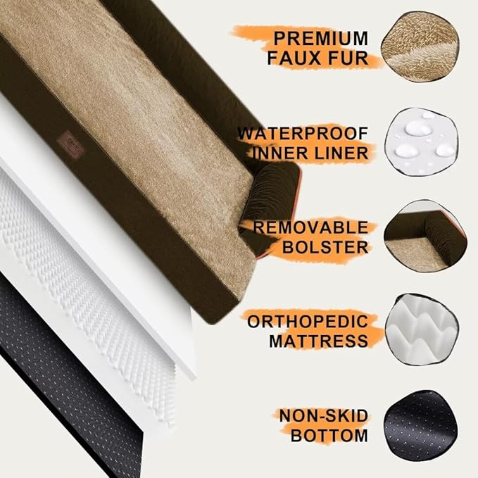 Large Dog Bed Orthopedic Washable: Extra Brown Large Big Dog Bed with Removable Bolster & Memory Foam Couch Sofa - Waterproof Washable with Cover