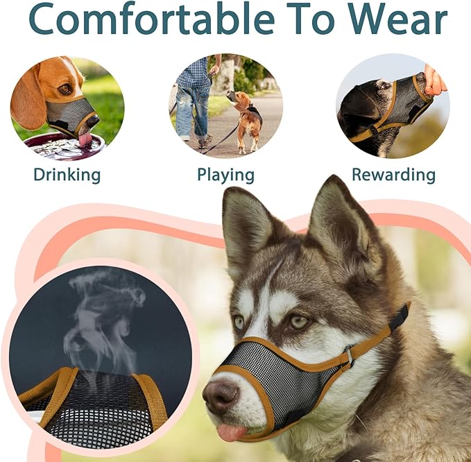 LUCKYPAW Dog Muzzle, Mesh Muzzle for Large Medium Small Dogs, Soft Mouth Guard for Biting Chewing, Breathable Mouth Guard with Adjustable Strap for Training(Brown, S(Snout:7.75"-8.75"))