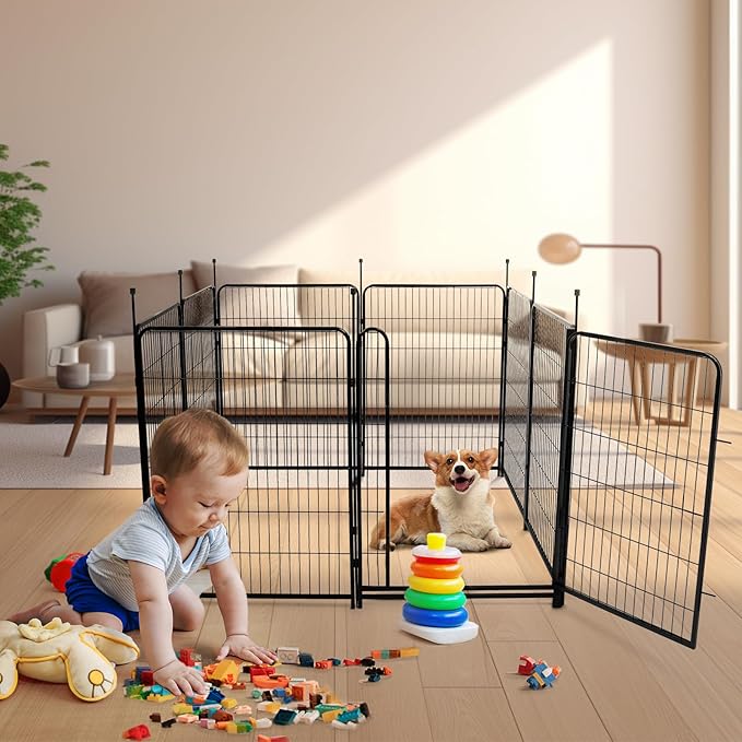 Tall Garden Fence Animal Barrier,Wide Gate Low Threshold Fence Panels, 48in(H) 4 Panels Total 8.9 Ft(L) Flower Bed Fencing, Heavy Metal Dog Fence Outdoor for Yard