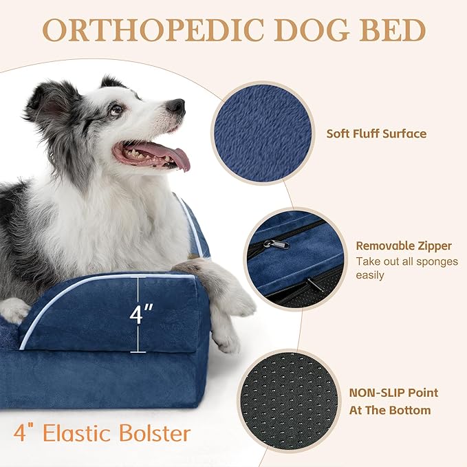 Comfort Expression Medium Dog Beds Waterproof Orthopedic Foam Dog Sofa Beds for Medium Large Dogs Comfy Pet Bed with Washable Removable Cover & Non-Slip Bottom(Medium,Navy Blue)