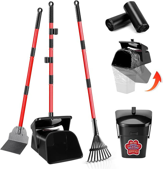 Pooper Scooper Swivel Bin & Rake & Spade with 60 Waste Bags, Heavy Duty Dog Poop Scooper for Large Medium Small Dogs, Long Stainless Steel Handle Use on Yard, Grass, Dirt or Gravel