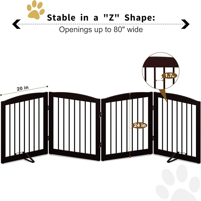 Freestanding Pet Gate for Dogs, Foldable Wooden Dog Gate for House, Indoor Dog Gate for Stair, Doorway, Gates for Dogs Indoor, 80 Inch Wide, 4 Panels 24",Brown