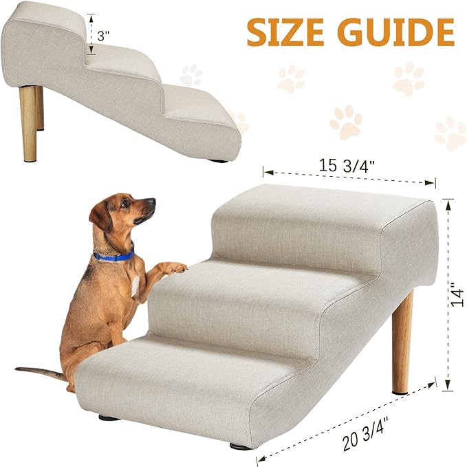 Senneny Imitation Linen Faux Leather Dog Stairs, for Pets up to 150 lbs, Waterproof, Scratch Resistant Pet Steps/Stairs with High Density Foam and Detachable Wooden Legs, Light Beige Linen, 3 Step