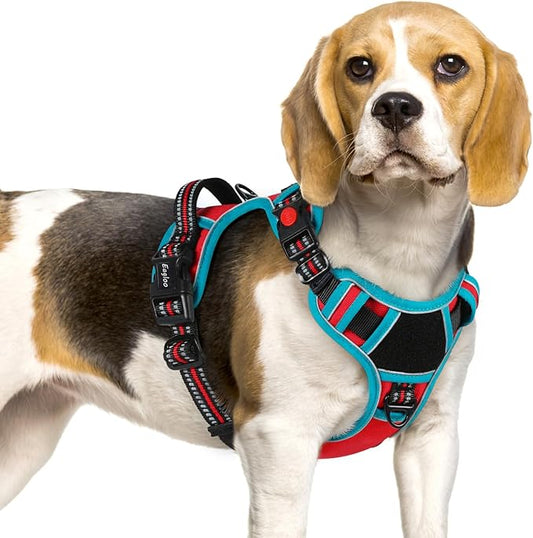 Eagloo Dog Harness Small Sized, Easy Wearing with 3 Buckles, Adjustable No Pull Pet Harness with 2 Rings for Walking, No Chock Reflective Soft Padded Vest with Control Handle, Red & Teal, S