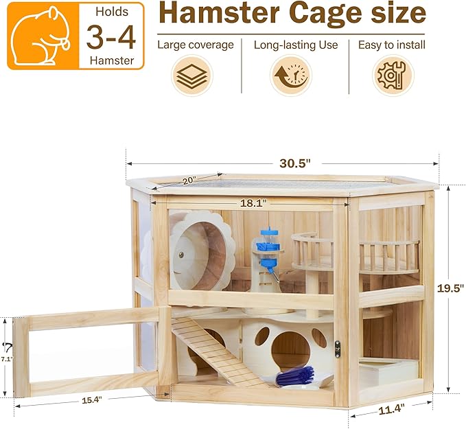 Wooden Hamster Cage 3 Tier Small Animal Cage,Large Syrian Hamster House with Openable Top and Acrylic Sheets 11-Piece Set (30" L x 20" W x 20" H)