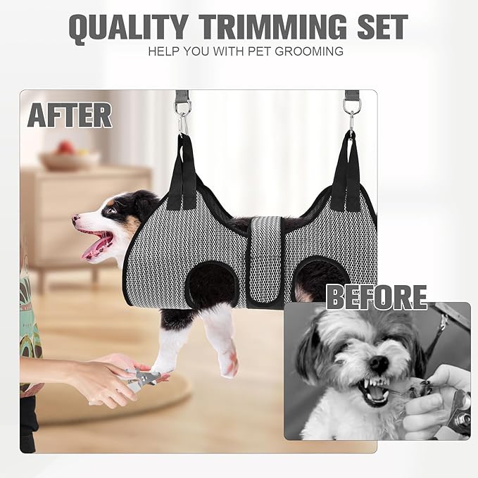 PAWCHIE Dog Grooming Hammock Harness for Dogs & Cats with Pet Nail Clipper Trimmer- Breathable Cat Hanger Sling for Trimming Clipping Nails-Dog Hammock Restraint Bag for Small Medium Large Dog, Grey S