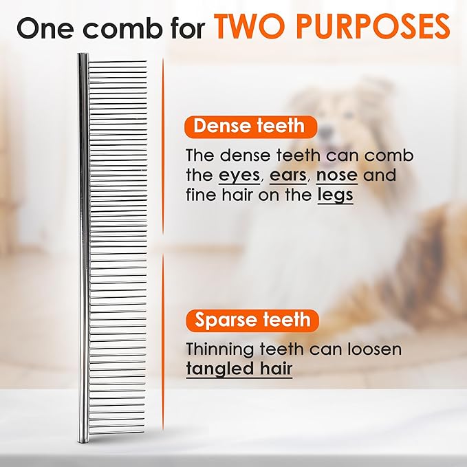 Dog Comb to Remove Tangles and Knots, Cat Comb with Stainless Steel Teeth and Non-Slip Handle, Dog combs for grooming matting for Long Haired Pets (Large & Small)